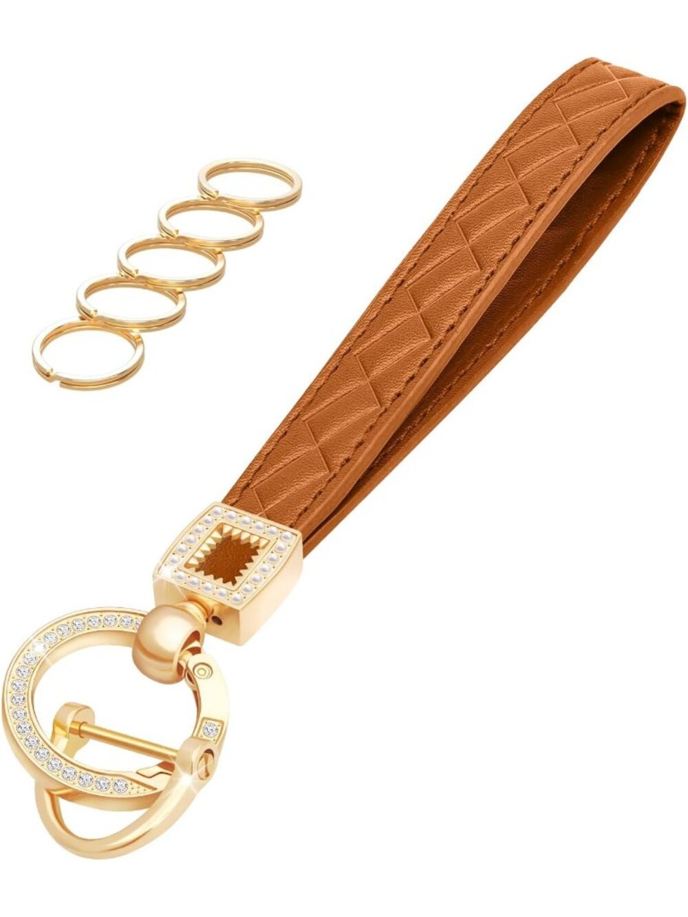 Women's Brown Car Keys loop Cross-hatched Key Holder Leather Wristlet Keychain